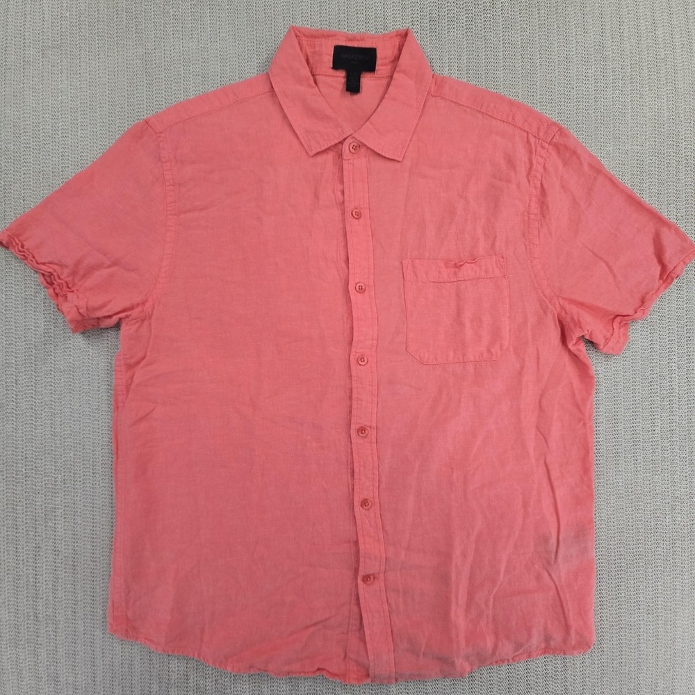 Magaschoni Man Shirt Mens Large Pink Linen Viscose Short Sleeve Button Up Casual